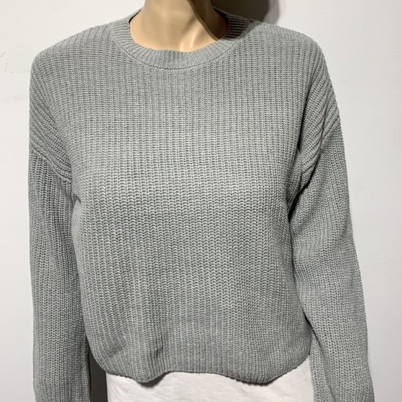 BP Cleo Sweater Women's Size S Grey Heather Chunky Rib Knit Cotton Crop Crewneck - Picture 6 of 12